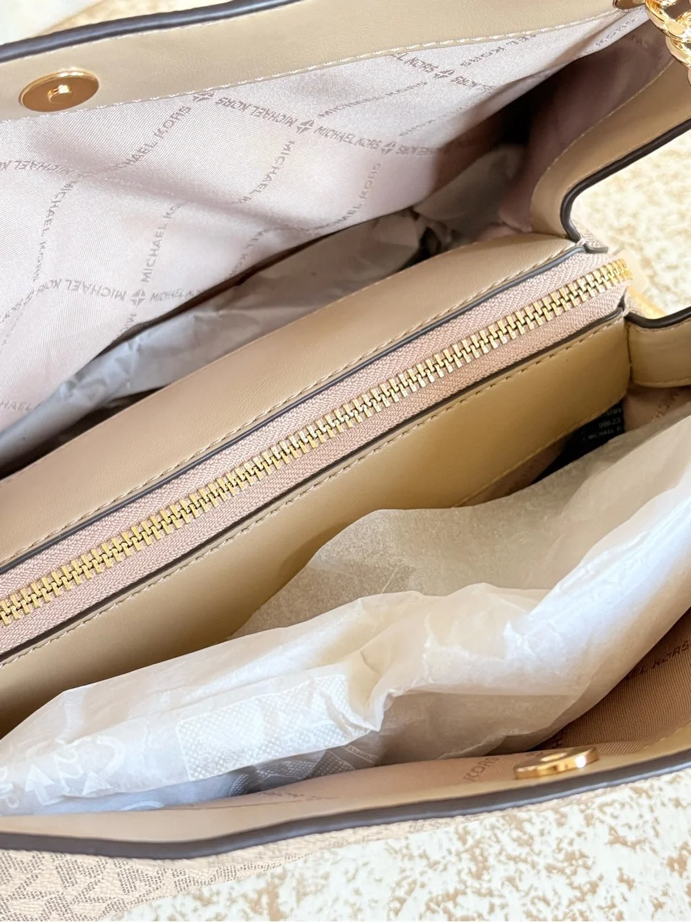 Michael Kors Beige Signature MK Chain-Handle Shoulder Bag